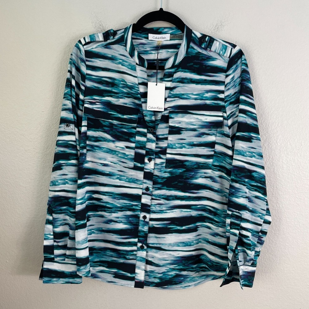 NEW Calvin Klein Womens XS Button Up Blouse Abstract Print Shirt Top